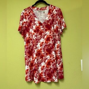 LOGO by Lori Goldstein Red and White Floral Short Sleeve Top